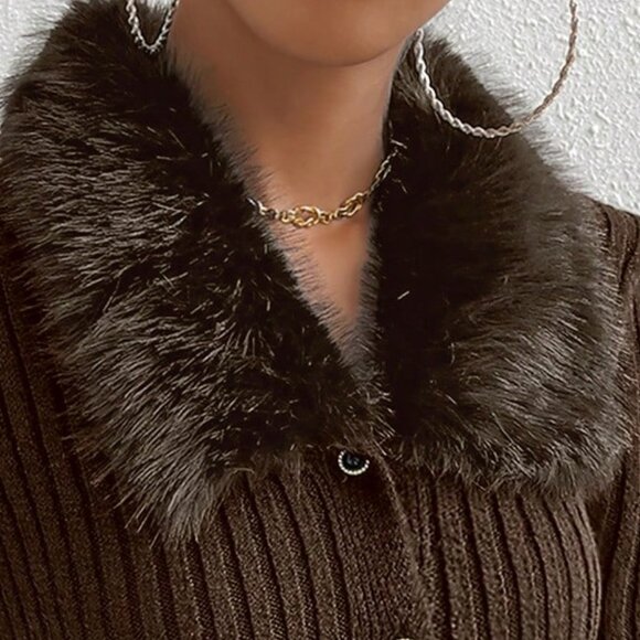 Coffee Brown Casual Women's Borg Collar Fuzzy Cuff Cardigan - Picture 6 of 8